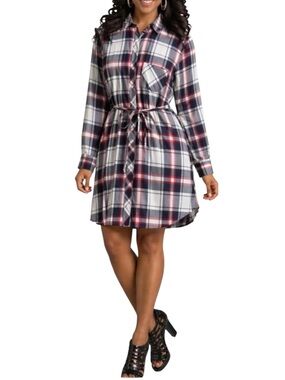 BLL nyc Plaid Shirt Dress with Tie Waist - Red, Navy & White